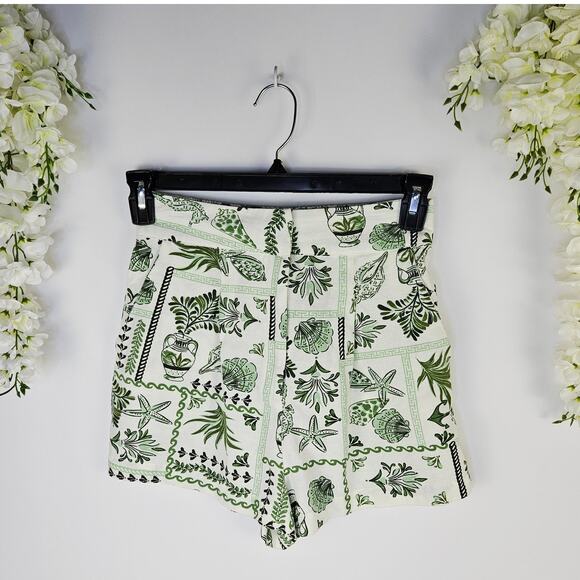 New Midnight Sky White Green Shell Print High Waist Shorts Small Coastal Resort - Picture 2 of 13